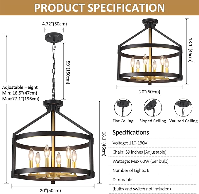 6-Light Modern Farmhouse Chandelier, Black and Gold Semi Flush Mount Ceiling Light Fixture Convertible Hanging Pendant Lights, Rustic Vintage Chandeliers for Dining Room Foyer Kitchen Bedroom Entryway
