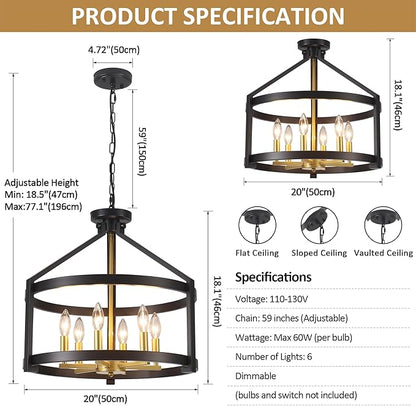 6-Light Modern Farmhouse Chandelier, Black and Gold Semi Flush Mount Ceiling Light Fixture Convertible Hanging Pendant Lights, Rustic Vintage Chandeliers for Dining Room Foyer Kitchen Bedroom Entryway