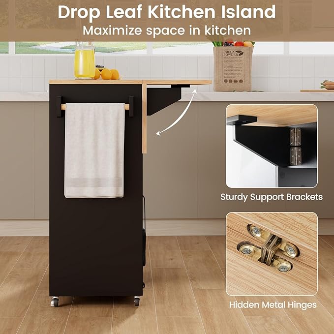 Giantex Rolling Kitchen Island Cart with Drop Leaf, Power Outlet, Spice Rack, 12 Wine Rack, Glass Holder, Drawer, Storage Cabinet, Towel Rack, Island Table for Breakfast Coffee Bar (Black & Natural)