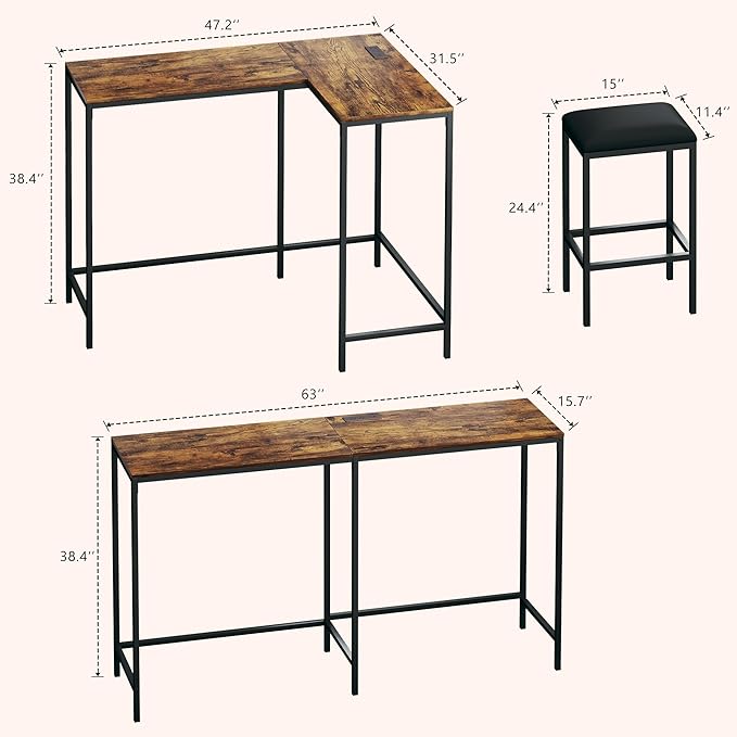 L Shaped Bar Table with Stools, 63‘’ Bar Height Table with Power Outlets, Convertible Corner Counter Height Bar Table with 2 Stools, Rectangular High Top Table for Small Spaces, Breakfast Nook, Rustic