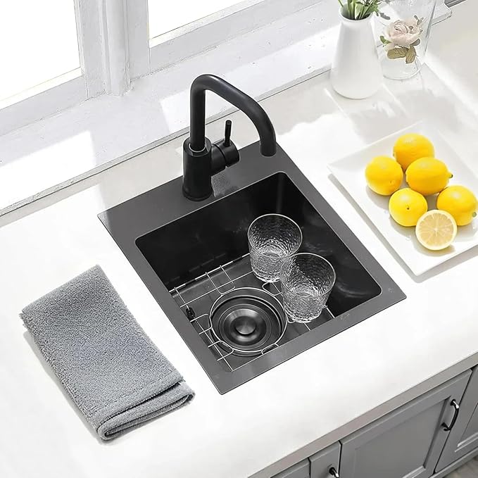 Hotis Drop in Black Bar Sink, 13x15 Inch Topmount RV Small Gun Black Kitchen Sink, Handmade Stainless Steel Wet Bar Sinks, Outdoor Single Bowl with Dish Grid & Drain