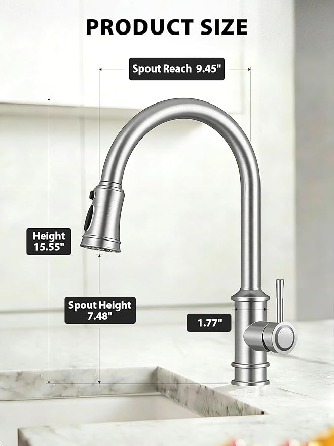 Hiqufet Vintage Kitchen Faucets with Pull Down Sprayer, Stainless Steel High Arc Kitchen Sink Faucet, Drip-Free 3 Spray Mode Faucet with 360° Rotation, Easy DIY Single Hole Install (Brushed Nickel)