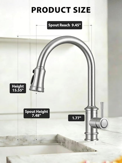 Hiqufet Vintage Kitchen Faucets with Pull Down Sprayer, Stainless Steel High Arc Kitchen Sink Faucet, Drip-Free 3 Spray Mode Faucet with 360° Rotation, Easy DIY Single Hole Install (Brushed Nickel)