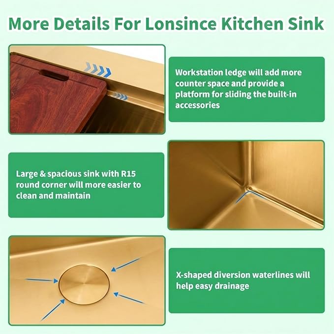 Gold Kitchen Sink 26" X 22",Drop In/Top Mount 16 Gauge Stainless Steel Workstation Sink,Deep & Large Single Bowl Kitchen Sinks (Gold, 26" X 22")
