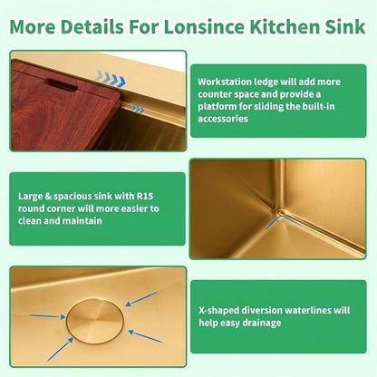 Gold Kitchen Sink 26" X 22",Drop In/Top Mount 16 Gauge Stainless Steel Workstation Sink,Deep & Large Single Bowl Kitchen Sinks (Gold, 26" X 22")
