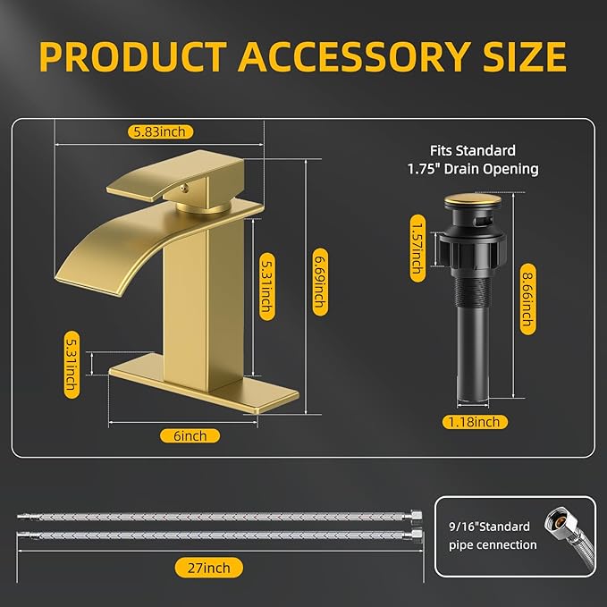 Ryuwanku Bathroom Faucet Brushed Gold Modern Waterfall Bathroom Sink Faucet with Single Handle Suitable for 1 or 3 Holes,Supply Deck Plate and Hose…