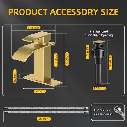 Ryuwanku Bathroom Faucet Brushed Gold Modern Waterfall Bathroom Sink Faucet with Single Handle Suitable for 1 or 3 Holes,Supply Deck Plate and Hose…