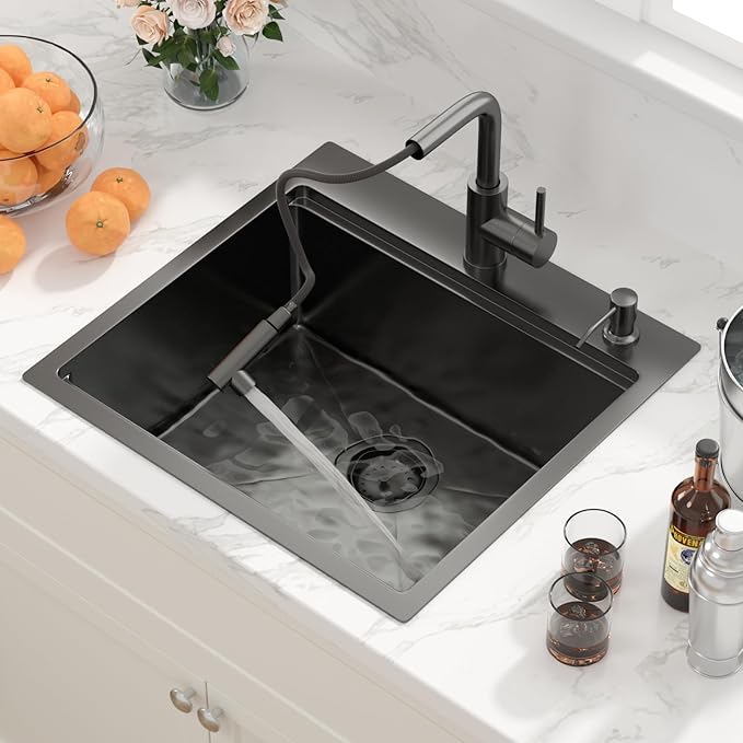 Sarlai Outdoor Kitchen Sink - 21 Inch Black Drop Bar RV Sink with Pull-out Faucet Gunmetal Black Drop In Workstation 21 x 20 Topmount Stainless Steel 16 Gauge Single Bowl Bar Prep Outdoor Sinks Basin