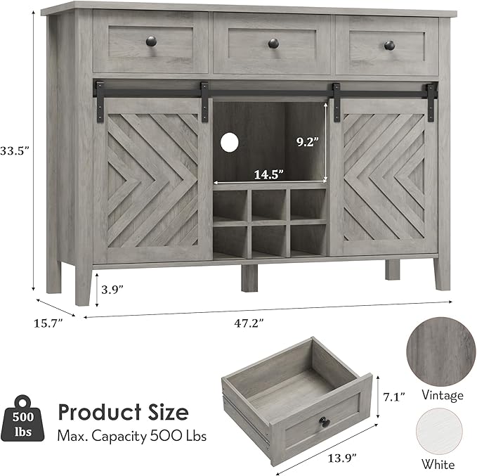 CABIHOME Farmhouse 47.2'' Buffet Cabinet with Sliding Barn Door, 33.4'' Tall Rustic Sideboard with 3 Drawer, Adjustable Shelf and Removable Wine Rack for Dining Room, Kitchen, Living Room, Vintage