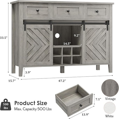CABIHOME Farmhouse 47.2'' Buffet Cabinet with Sliding Barn Door, 33.4'' Tall Rustic Sideboard with 3 Drawer, Adjustable Shelf and Removable Wine Rack for Dining Room, Kitchen, Living Room, Vintage