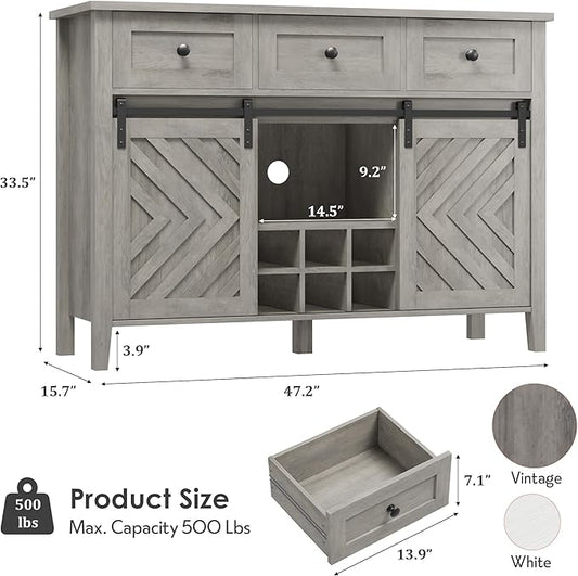 CABIHOME Farmhouse 47.2'' Buffet Cabinet with Sliding Barn Door, 33.4'' Tall Rustic Sideboard with 3 Drawer, Adjustable Shelf and Removable Wine Rack for Dining Room, Kitchen, Living Room, Vintage