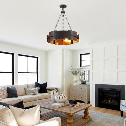 Modern Farmhouse Chandelier 19.7" Industrial Drum Pendant Lighting Fixture Large 4-Light Black Walnut Grain Finish for Dining Room Kitchen Island Office Living Room