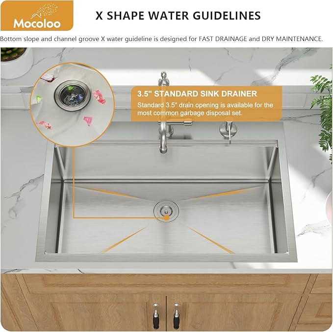 Mocoloo 30 x 22 Inch Drop In Kitchen Sink - 30 Inch Topmount Kitchen Sinks Stainless Steel 16 Gauge Single Bowl Above Counter Handmade Workstation Sink, 10'' Deep Basin Modern
