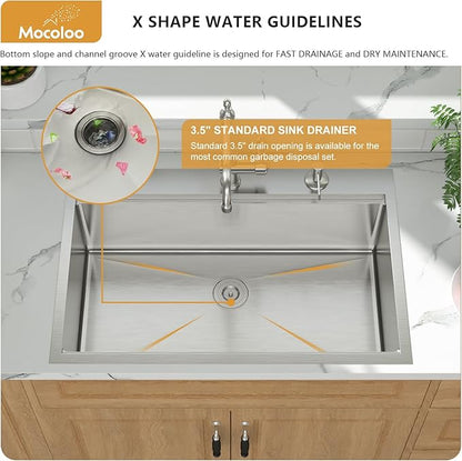 Mocoloo 30 x 22 Inch Drop In Kitchen Sink - 30 Inch Topmount Kitchen Sinks Stainless Steel 16 Gauge Single Bowl Above Counter Handmade Workstation Sink, 10'' Deep Basin Modern