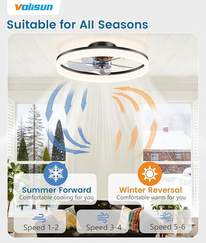 VOLISUN Low Profile Ceiling Fans with Lights and Remote, 20in Fandelier Ceiling Fan Flush Mount, 3000K-6500K Smart Bladeless LED Fan Light, Black Modern Ceiling Fans with Lights for Bedroom