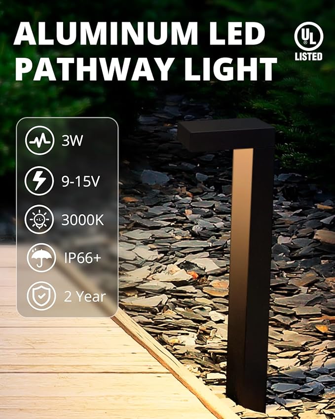 GKOLED 4-Pack Low Voltage Landscape Lighting, Pathway Lights, 3W 9-15V AC/DC Wired Outdoor LED Landscape Path Lights for Garden Driveway Accent Lighting Fixtures, Die-cast Aluminum Housing, UL-Listed
