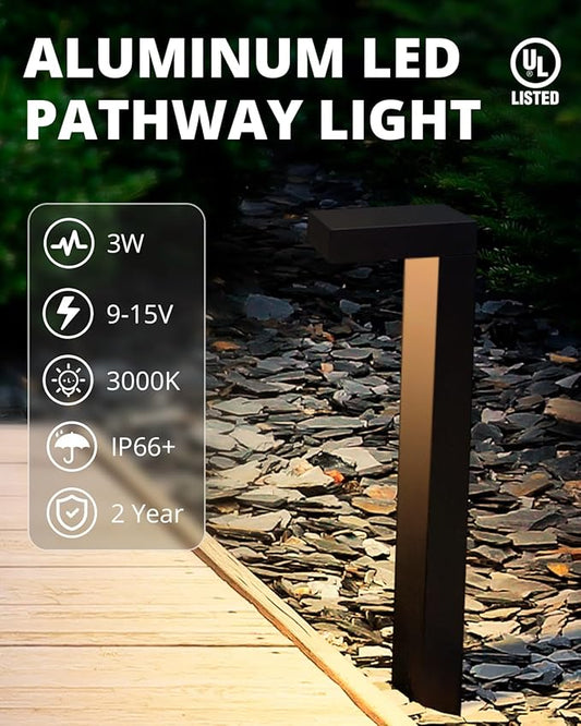 GKOLED 8-Pack Low Voltage Landscape Pathway Light Fixture, 9-15V AC/DC Outdoor Walkway Lighting with 3W LED Chips for Yard Lawn, Black Die-cast Aluminum Housing, UL-Listed IP66+