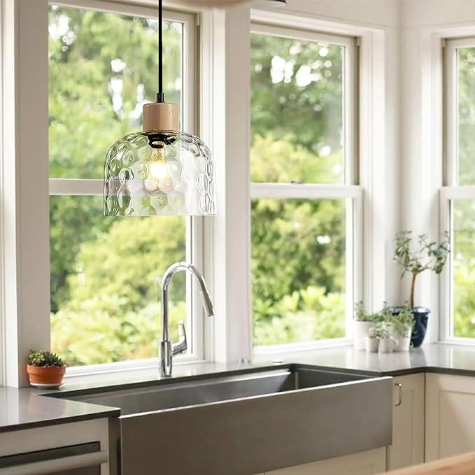 Modern Glass Pendant Light, 7.87“ Farmhouse Small Dome Hanging Lamp Shade, Mid Century Mini Ceiling Chandelier Lighting Fixture for Kitchen Island Laundry Room Bathroom Hallway Foyer