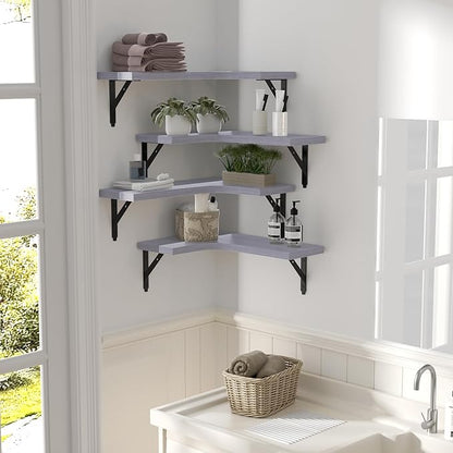 ROMGUAR CRAFT Corner Floating Shelves Wall Mounted Set of 4, Rustic Wood Storage Display Wall Shelves for Home Decor, Bathroom, Kitchen, Bedroom, Living Room, Office (Light Grey)