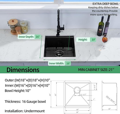 Undermount Kitchen Sink, 18 x 18 x 10 Inch Sink Kitchen 16 Gauge Gunmetal Black Stainless Steel Kitchen Sinks Single Bowl Workstation Sink with Cutting Board