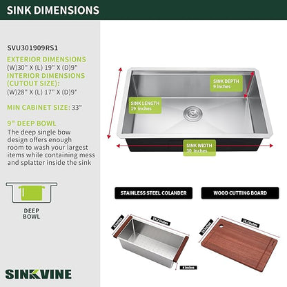 30-inch Undermount Kitchen Sink Workstation, SINKVINE 30x19 Large Outdoor Prep Sink BBQ, Stainless Steel Single Bowl w/Sapele-Wood Cutting Board, SST Colander w/Wood Handle, and Roll-up Dish Drying