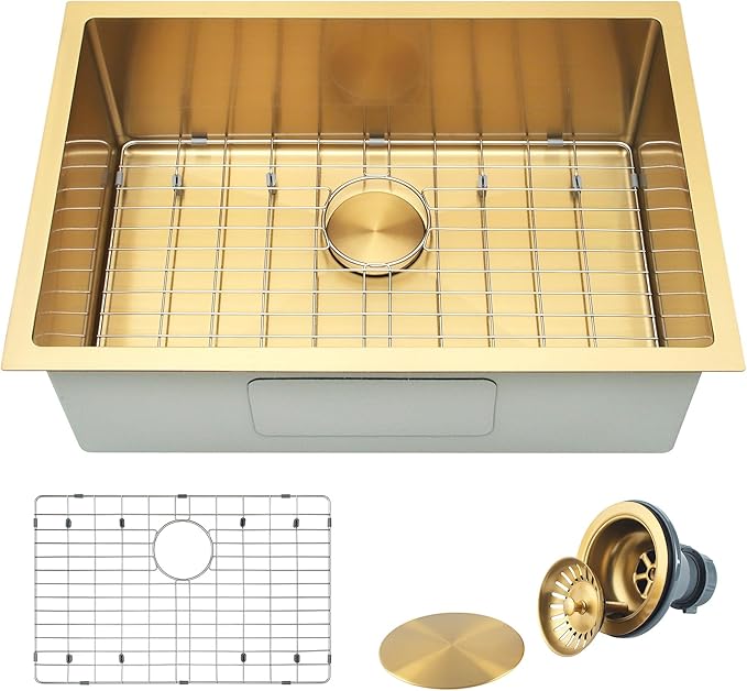 Gold Kitchen Sink,Undermount Kitchen Sink 27 X 18 inch,Single Bowl 16 Gauge Stainless Steel Undermount Sinks