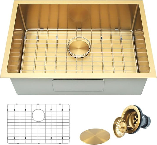 Gold Kitchen Sink,Undermount Kitchen Sink 27 X 18 inch,Single Bowl 16 Gauge Stainless Steel Undermount Sinks