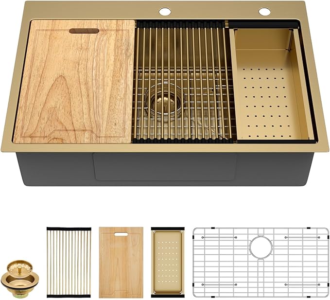 36 Inch Gold Kitchen Sink Workstation-Kichae 36x22 Drop In Kitchen Sinks 16 Gauge Stainless Steel Brushed Gold Single Bowl Large Handmade Basin with Cutting Board