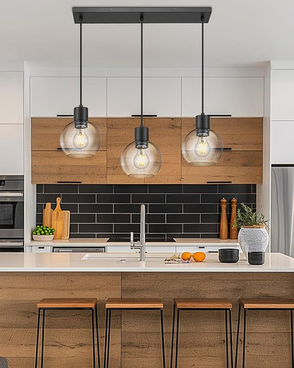 LMS 3-Light Island Lights, Matte Black Dining Room Over Table Hanging Linear Chandeliers, Farmhouse Chandeliers for Kitchen Island Pendant Light Fixtures with Clear Globe Glass Shade, LMS-122SPL-BK3