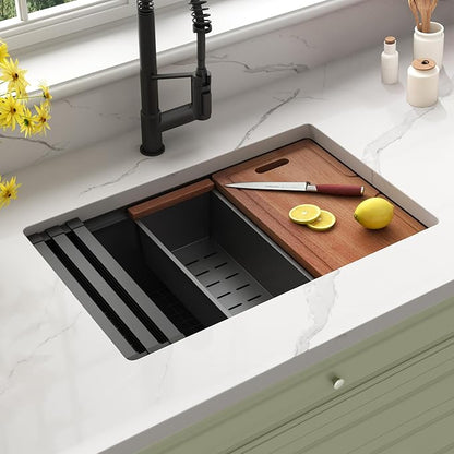 Black Undermount Kitchen Sink 30 inch,16 Gauge Stainless Steel Sinks,Single Bowl Workstation Sink,Modern Kitchen Sink Offset Drain (30" X 18")