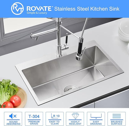 ROVATE 26 ×18 inches Drop-in Kitchen Sink Single Bowl 304 Stainless Steel, Handmade 9 Inches Deep Topmount Kitchen Sink with 1 Hole