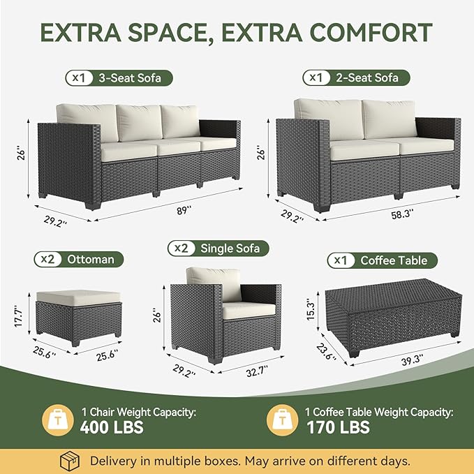 Aoxun 10 Piece Outdoor Patio Furniture Set 9 Seats, Outdoor Sectional with Thick Waterproof Cushions, Patio Conversation Sets for Garden,Backyard, Porch, Balcony, Deck, Black & Beige