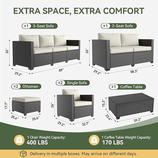Aoxun 10 Piece Outdoor Patio Furniture Set 9 Seats, Outdoor Sectional with Thick Waterproof Cushions, Patio Conversation Sets for Garden,Backyard, Porch, Balcony, Deck, Black & Beige