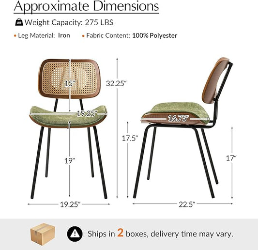 HULALA HOME Rattan Dining Chairs Set of 4, Green Farmhouse Upholstered Kitchen Chairs Set with Square Cane Backrest, Metal Legs for Dining Living Room Resurant Cafe - Moss