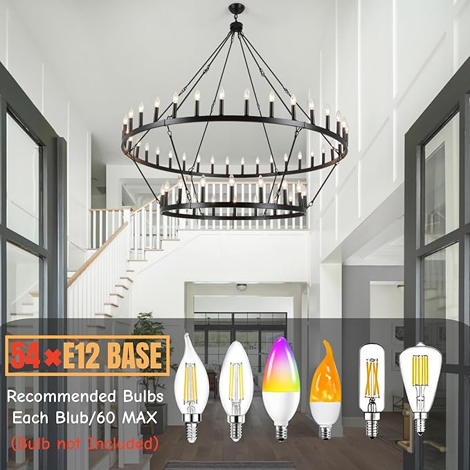 ANKYLHUA 60 Inch Black Extra Large Wagon Wheel Chandelier, 2 Tier 54-Lights Farmhouse Chandeliers Industrial Round High Ceiling Pendant Light for Dining Room, Living Room, Entryway