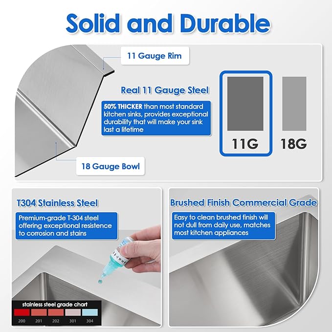 ROVOGO 21.7"x17.7"x8.7" Kitchen Sink Drop-in, 304 Stainless Steel Single Bowl 2-Hole, Top Mount Handmade Bar Prep Sink with Drain Assembly, Brushed