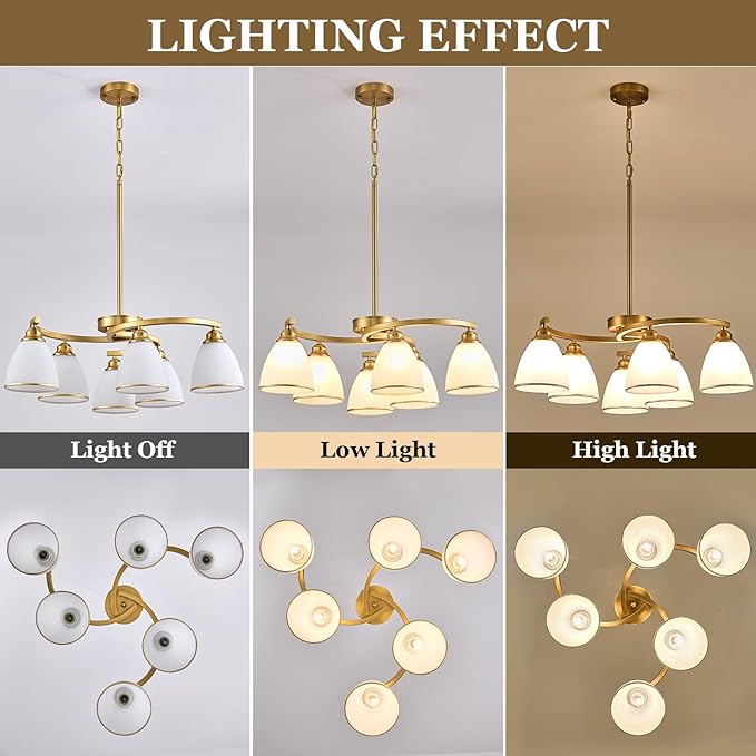 6-Light Modern Gold Chandeliers for Dining Room 59"Max Adjustable Height Farmhouse Pendant Light with Frosted Glass Shades, Metal Hanging Lamp for Kitchen Island, Dining Table, Entryway, Hallway