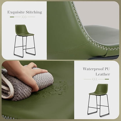 DUMOS 26 Inch Counter Height Bar Stools Set of 2, Modern Faux Leather High Barstools with Back and Metal Leg, Bar Chairs for Kitchen Island, Green