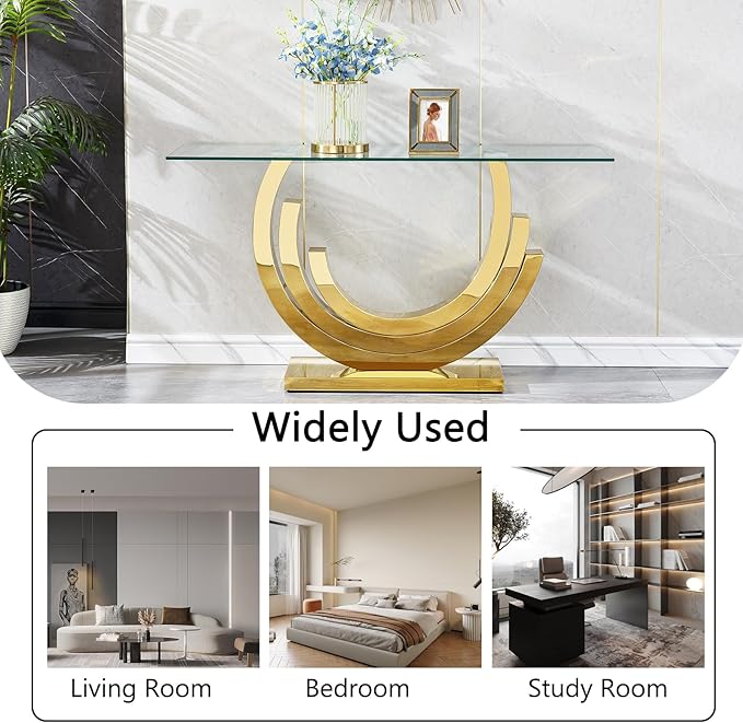 HomVent 55.12" Glass Console Table, Living Room Entry Tables, Modern Narrow Gold Tempered Glass Top Side Tables Bedroom, Rectangle Bedside Eating Tables for Home Office with Stainless Steel Base
