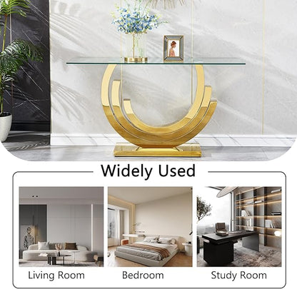 HomVent 55.12" Glass Console Table, Living Room Entry Tables, Modern Narrow Gold Tempered Glass Top Side Tables Bedroom, Rectangle Bedside Eating Tables for Home Office with Stainless Steel Base