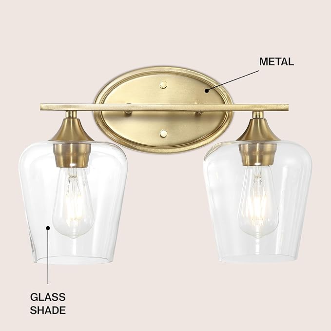 JONATHAN Y 15.75" Brass Gold 2-Light Farmhouse Rustic LED Vanity Light Sconce, Clear Glass Shade, Vintage Indoor Fixture for Bathroom Mirror, LED Bulb Included (JYL7546B)