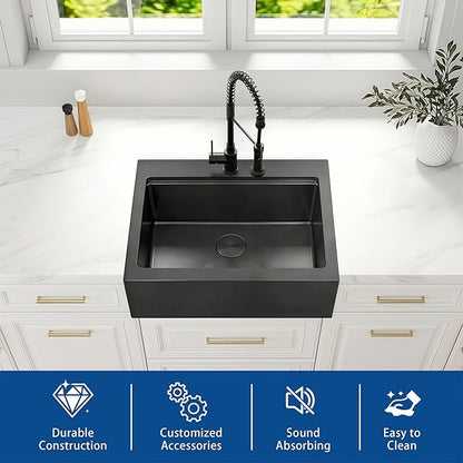 30 Inch Farmhouse Black Sink, 16 Gauge 304 Stainless Steel Farm Sinks, Drop In Topmount Single Bowl Workstation Sink with all Accessories, 30" x 22" x 10" Deep Kitchen Sink