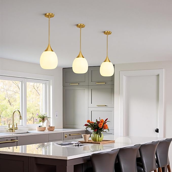 Kitchen Island Pendant Light: Mid Century Brushed Gold Hanging Light Fixtures with Milky Glass Globe - 10 Inch Farmhouse Chandeliers Ceiling Lighting for Dining Room