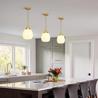 Kitchen Island Pendant Light: Mid Century Brushed Gold Hanging Light Fixtures with Milky Glass Globe - 10 Inch Farmhouse Chandeliers Ceiling Lighting for Dining Room
