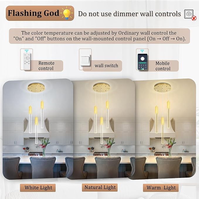 Flashing God Mini Gold Crystal Chandelier Integrated LED Pendant Light for Kitchen Island 3 Light Chandeliers Pendant Lighting with Remote Control