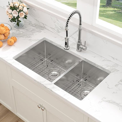 Sarlai 33 Undermount Kitchen Sink Double Bowl - 33x19 Inch Kitchen Sink Undermount 60/40 Stainless Steel 16 Gauge Round Corner Double Basin Under Counter Sinks Basin