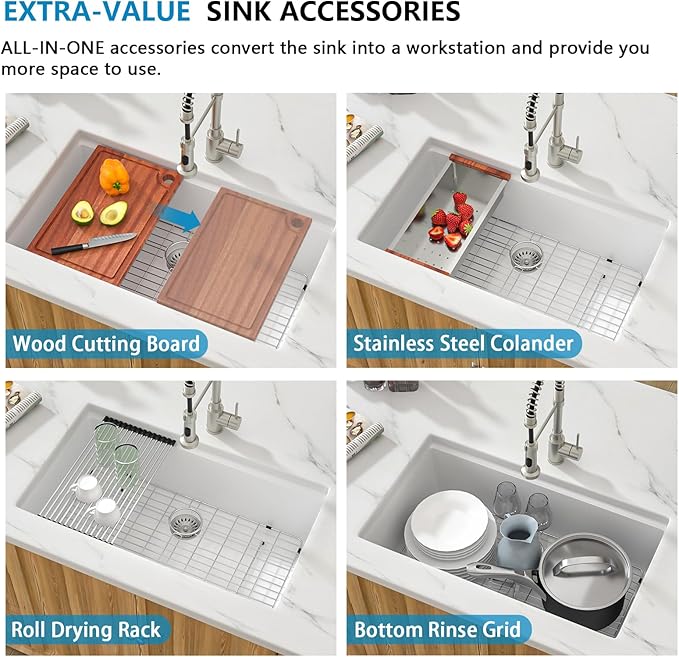 30 White Undermount Kitchen Sink Sink - 30''x19'' Granite Composite 9'' Deep Workstation Sink Ledge Quartz Classic Under Counter Single Bowl Basin