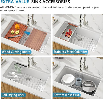 30 White Undermount Kitchen Sink Sink - 30''x19'' Granite Composite 9'' Deep Workstation Sink Ledge Quartz Classic Under Counter Single Bowl Basin