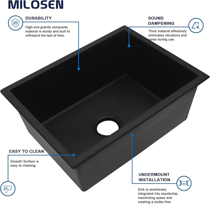 MILOSEN Black Bar Sink, 13×15 Inch Small Undermount/Drop in Black Wet Bar or Prep Sink, 9 Inch Deep Granite Composite Outdoor RV Single Bowl Basin with Accessories, Small Quartz Camper Sinks