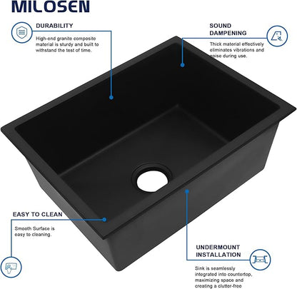 MILOSEN Black Bar Sink, 13×15 Inch Small Undermount/Drop in Black Wet Bar or Prep Sink, 9 Inch Deep Granite Composite Outdoor RV Single Bowl Basin with Accessories, Small Quartz Camper Sinks